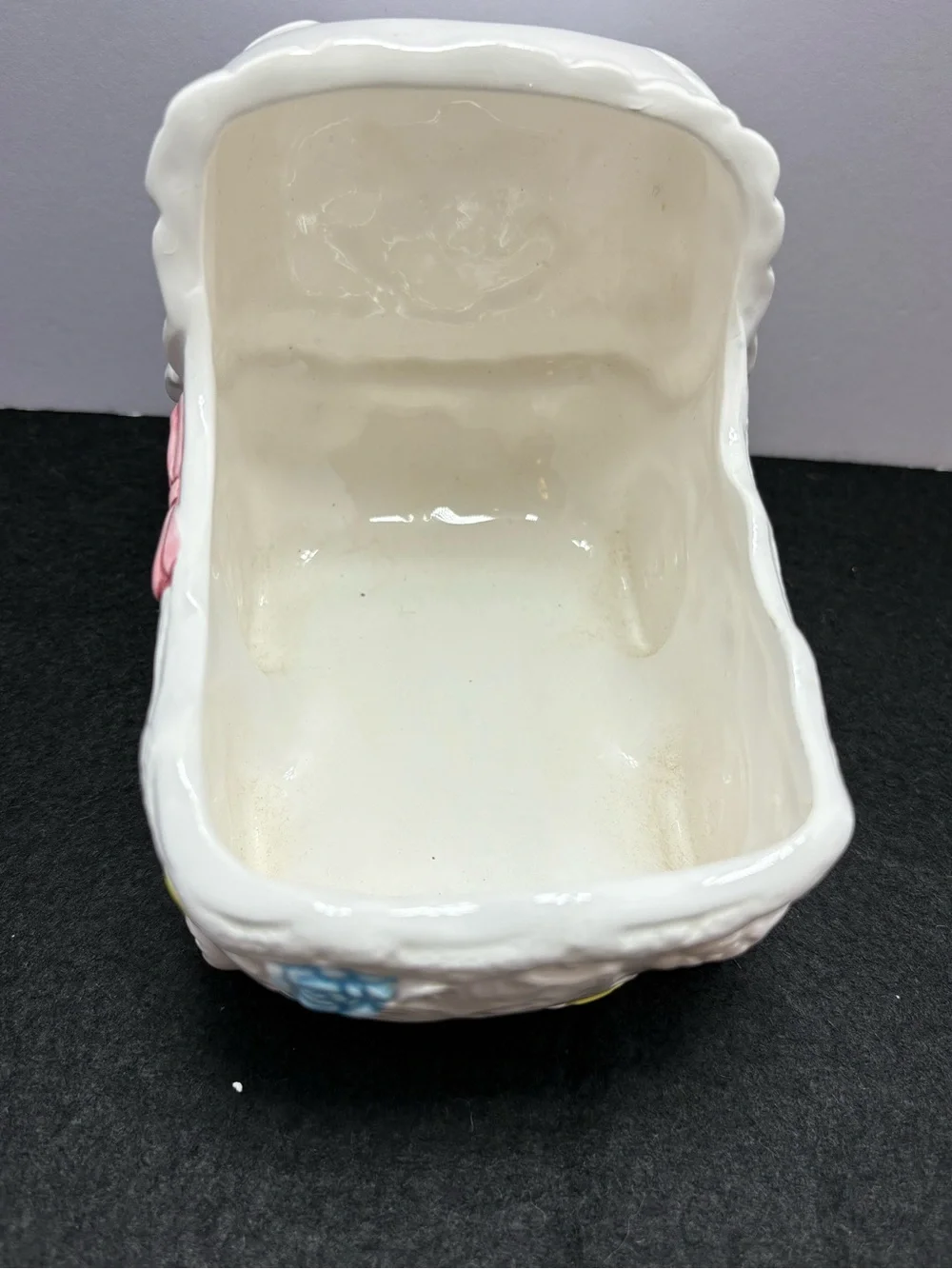 Glossy Ceramic Baby Carriage Planter in White with Pink, Blue & Yellow Accents